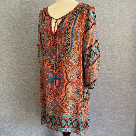 Tolani Boho Silk Tunic Dress Size M Vibrant Festival Hippie Tassels Cover Up - Picture 4 of 16